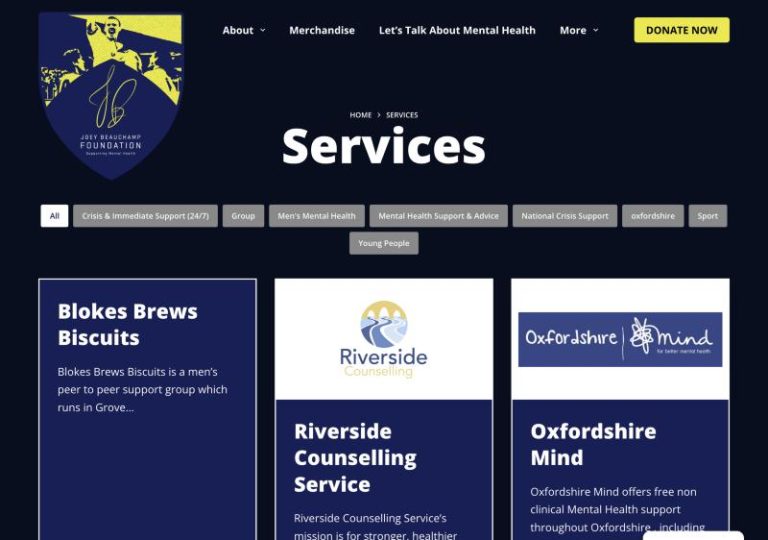 The Joey Beauchamp Foundation Mental Health and Wellbeing Services Directory, listing support services across Oxfordshire