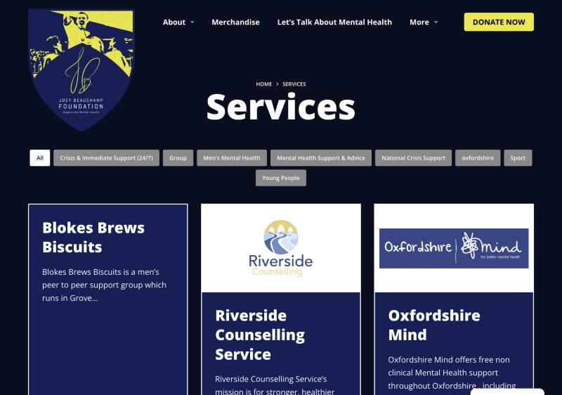 The Joey Beauchamp Foundation Mental Health and Wellbeing Services Directory, listing support services across Oxfordshire